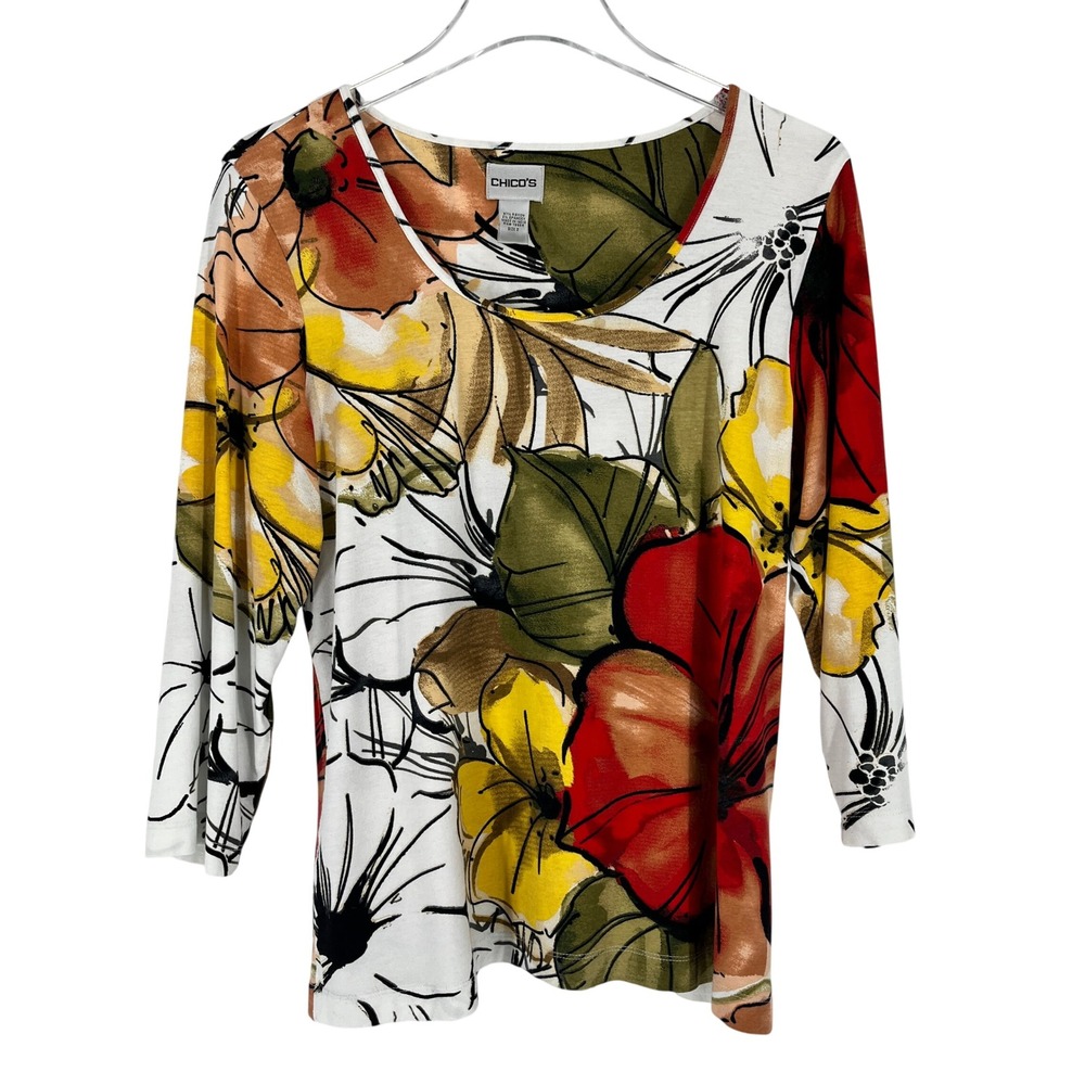 Chicos Women Size 2 Large Floral 3/4 Sleeve Scoop Neck Rayon Stretch Top Multi